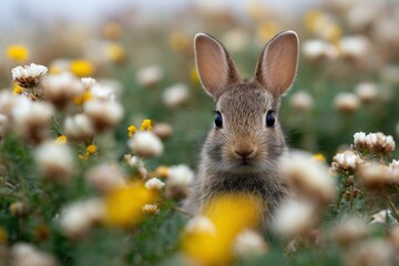 Fototapeta premium A cute baby rabbit peeks through colorful flowers in a meadow, embodying innocence and nature's beauty in springtime.