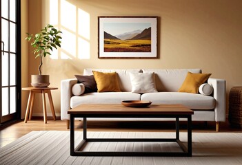 Fototapeta premium Earth tone vintage living room mockup design with a sofa, wooden table, stylish painting frame, cozy and warm mood tones, soft sunlight from windows