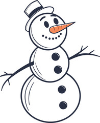 A cheerful cartoon snowman with a hat and broom celebrates the winter season with his friends