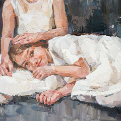 Impressionist oil painting of two girls in white dresses sharing a quiet, affectionate moment.