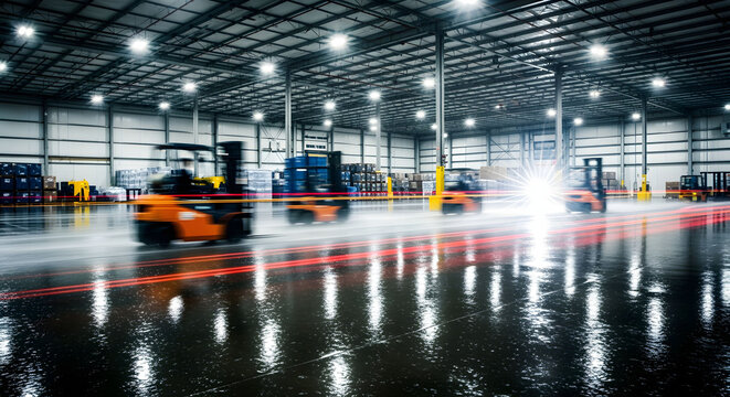 Orange Forklifts Moving in a Modern Warehouse at Night
