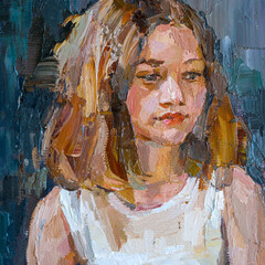 Impressionist oil painting of two girls in white dresses sharing a quiet, affectionate moment.
