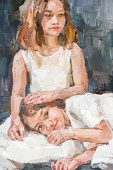Impressionist oil painting of two girls in white dresses sharing a quiet, affectionate moment.