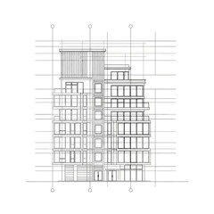 A precise architectural blueprint showcases the detailed facade of a modern residential building with balconies and grid lines on a clean white background.