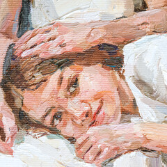 Impressionist oil painting of two girls in white dresses sharing a quiet, affectionate moment.