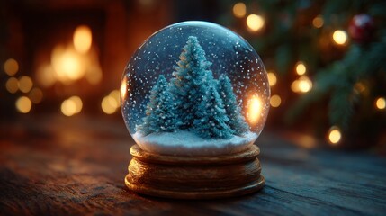 Christmas Snow Globe: A beautifully illuminated snow globe showcasing miniature evergreen trees gently blanketed in falling snow, invoking feelings of holiday magic and winter charm.