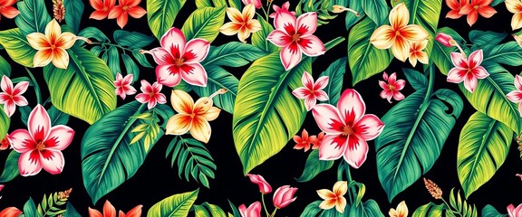 Pastel tropical flower & banana leaf seamless pattern Hand-drawn vintage style, glamorous, luxury fashion fabric design,  blossom,  wallpaper