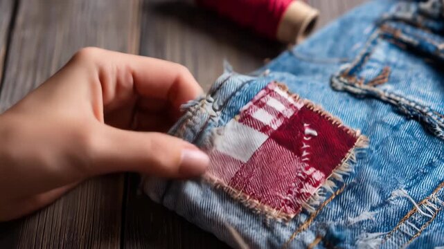 Denim jeans with a patchwork fabric appliqu?.