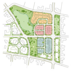 Obraz premium Architectural concept drawing showcases a residential neighborhood plan with green spaces, diverse housing, and a focus on community integration and sustainable urban design.
