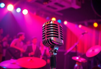 Retro red and black live music concert poster featuring a vintage microphone,  performance,  graphic