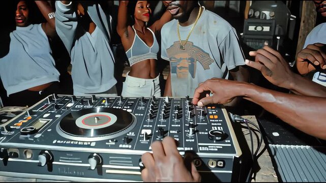 Underground 1990s House Party Video in Rustic Warehouse with DJ Turntable Mixer, Vinyl Cuts, Gold Chain Accessories, Moody Lighting, and Authentic Film Grain Vibe