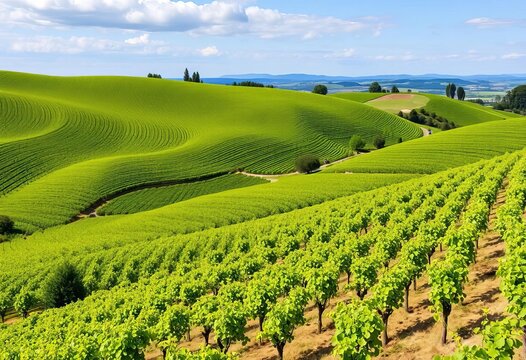 Rolling green Chardonnay vineyards on chalky hillsides near Cramant & Avize, Champagne,  white grapes,   luxury