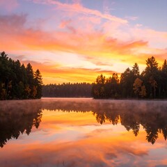 Obraz premium Serene sunrise over a calm lake, reflecting vibrant colors in the still water, mist clinging to the shoreline