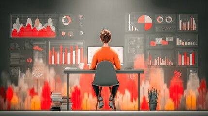 Customer data analytics and statistical marketing strategy with graphs and database icons. Analyst analyzing data on laptop