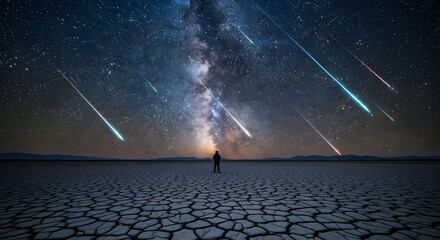 Silhouette of a Person Gazing at a Vivid Milky Way and Shooting Stars Over a Cracked Desert at Night