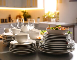 Stacked dirty dishes and glasses sit on a kitchen counter after a meal