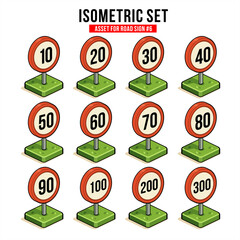 This vibrant isometric vector set features a variety of road signs commonly used in traffic systems. Each sign is uniquely styled in a clean cartoon-isometric design, ideal for education & materials