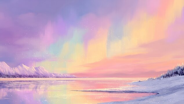 Pastel winter landscape with aurora borealis