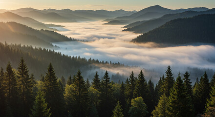 Obraz premium Background misty mountain landscape scenic views morning fog nature photography travel destinations outdoor adventure