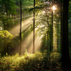 Sunlight streaming through lush green forest in morning. Peaceful natural landscape with sun rays and tall trees. Ideal for nature, wellness, and environmental themes.