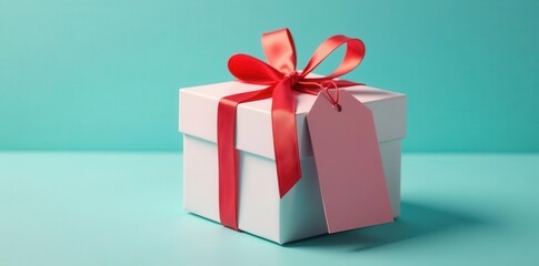 Obraz premium Square gift box with attached blank gift tag, ideal for branding and design, packaging, online