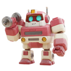 Fototapeta premium Cute, chunky robot toy in pinkish-red and cream colors, holding dumbbells