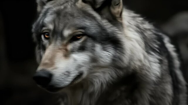 A majestic grey wolf stares intently, its fur textured and eyes piercing against a dark background.