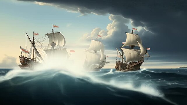 Three majestic galleons navigate tumultuous ocean waves under a dramatic sky, their sails billowing in the wind.