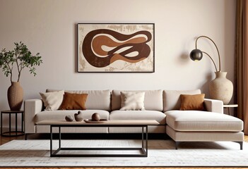 Earth tone modern interior living room with a boucle sofa, table, abstract art, and sculptural decorations