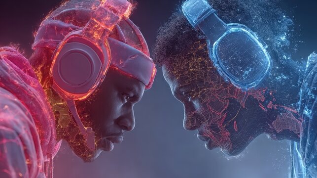 Esports Face-Off: Two Gamers with Light Trails and Headsets