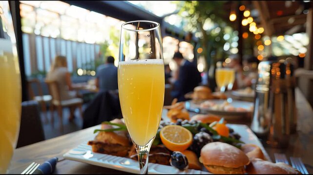 Two champagne flutes filled with vibrant mimosa cocktails on a resort brunch table under warm morning light, with silver cutlery and green foliage bokeh in the background