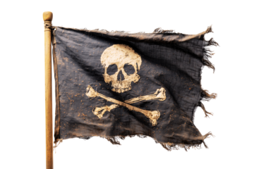Tattered pirate flag with skull and crossbones isolated on transparent background
