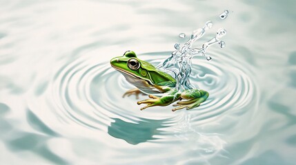 Green Frog Leaping Into Water Creating Ripples and Splash Effect