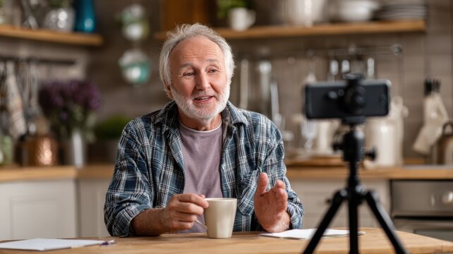 Elderly man livestreams from kitchen with tea and tripod setup. Perfect for personal digital storytelling and home vlogging.