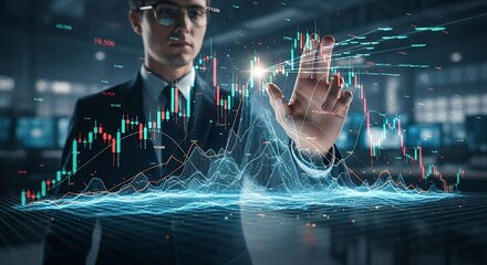 Businessman analyzing stock market data with interactive holographic interface and financial charts