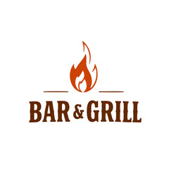 Bar and Grill Logo With Rustic Font, Flame Above Text, Clean Lines