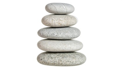 "Stack of five smooth gray stones arranged vertically, largest at the base and smallest on top, on neutral background evoking balance, mindfulness, and tranquility in a minimalist style"