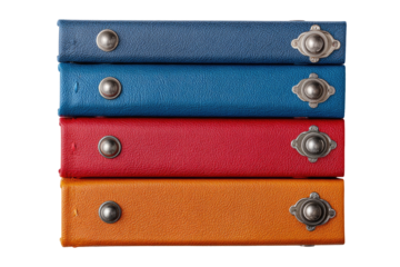 Stack of four leather-bound journals, various colors