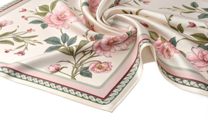 Elegant silk scarf with a delicate floral pattern featuring roses and a decorative border isolated on transparent background