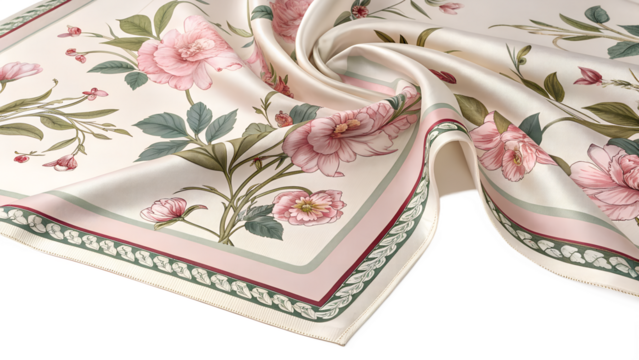 Elegant silk scarf with a delicate floral pattern featuring roses and a decorative border isolated on transparent background - Powered by Adobe