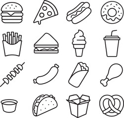 Fast Food Icon Set in Clean Vector Style
Includes Burger, Pizza, Donut, Fries, Soda, Ice Cream, and More
Perfect for Menus, Food Apps, Cafes, Delivery Services, and Design Projects