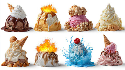 Ice Cream Indulgence: A mouthwatering array of colorful ice cream scoops, each uniquely adorned with a variety of toppings. A sweet, refreshing treat for dessert.