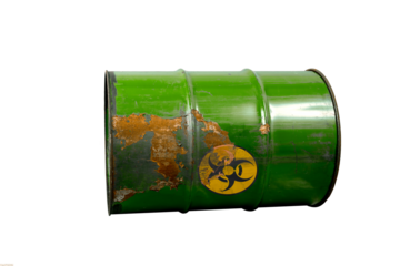 Barrel with toxic waste. Biohazard warning sign. Rusty dangerous barrel with pathogens, or other toxins on isolated background