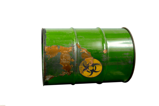 Barrel with toxic waste. Biohazard warning sign. Rusty dangerous barrel with pathogens, or other toxins on isolated background