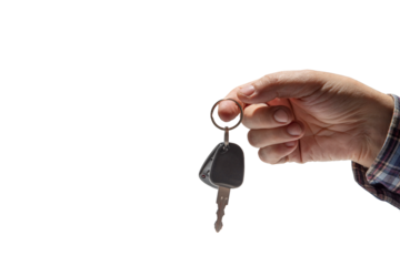 Concept of selling or renting a car. Hand of man in a checkered shirt holding car keys on isolated background