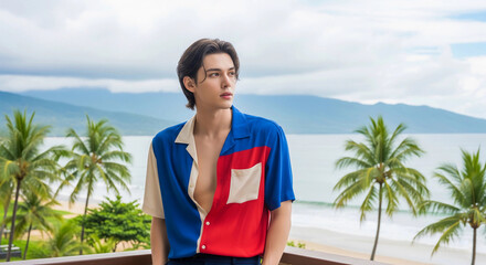 A handsome young man on a balcony overlooking a tropical beach. This image conveys a sense of travel, summer vacation, and a relaxed, stylish lifestyle by the ocean.
