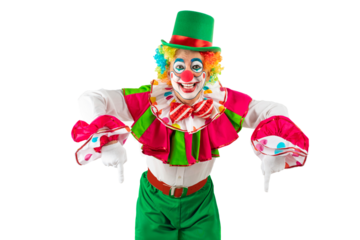 Funny clown pointing down at blank template copy spase for advertising, posters, greetings, invitations. Entertainer as Joker in a suit and wig, with clown whiteface makeup.