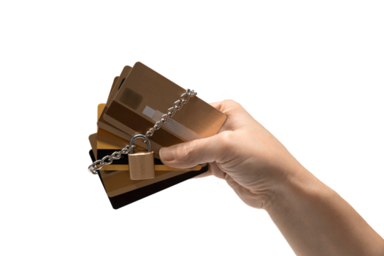 Hand holding credit cards chained with a lock. The concept of blocked bank accounts, bankruptcy, transaction stoppage, sanctions