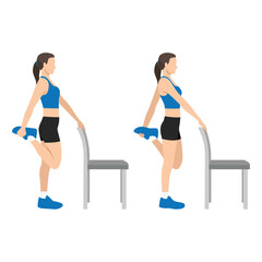 Standing Quad Stretch Using Chair Support. Flat vector illustration isolated on white background © lioputra