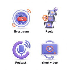 A collection of four stylized icons representing livestream reels podcast and short video formats online